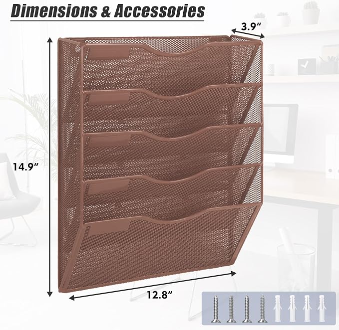 5 Pocket Mesh Hanging Wall File Organizer, Wall Mounted Mail Paper Document Folder Holder, Clipboard Storage Organization Magazine Rack with Nametag Label for Office Home School, Brown - Image 2