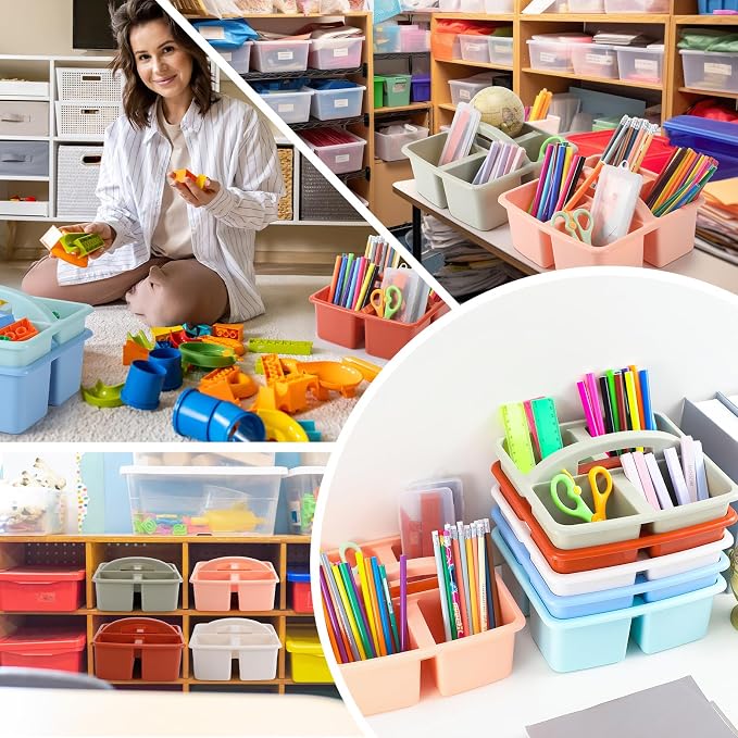 Lineshading 12 Pack Plastic Classroom Caddy - 4 Compartment Organizer Boho Color Table Caddy with Handles for School Home Office Supplies - Image 5