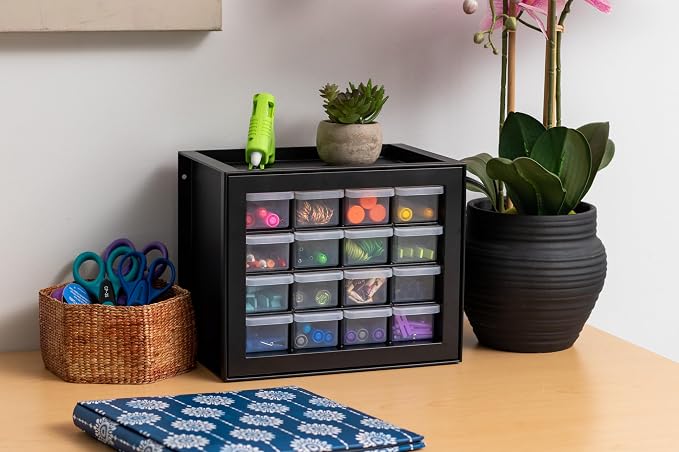 IRIS USA 16-Drawer Small Drawer Organizer, Garage Desk Storage, Black | Wall mountable, Stackable Teacher Toolbox, Beads, Building Bricks, Water Packets, Screws, Hardware - Image 5