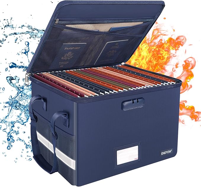 ENGPOW File Box with Lock, Fireproof Document Box with Zipper＆Pockets, Collapsible File Organizer Filing Storage Cabinet with Handle, Portable Home Office Safe for Hanging Letter/Legal Folder, Blue by ENGPOW