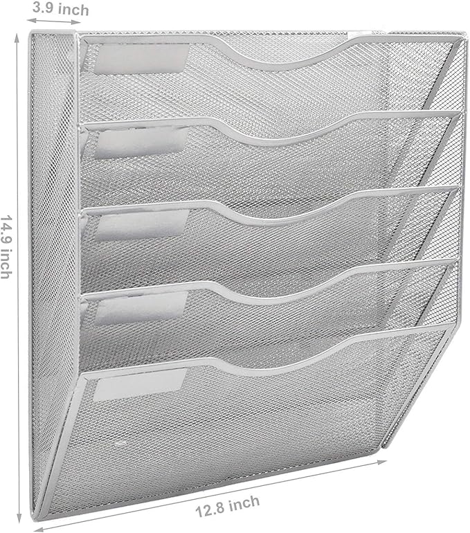 5 Pocket Mesh Hanging Wall File Organizer, Wall Mounted Mail Paper Document Folder Holder, Clipboard Storage Organization Magazine Rack with Nametag Label for Office Home School, Silver - Image 2
