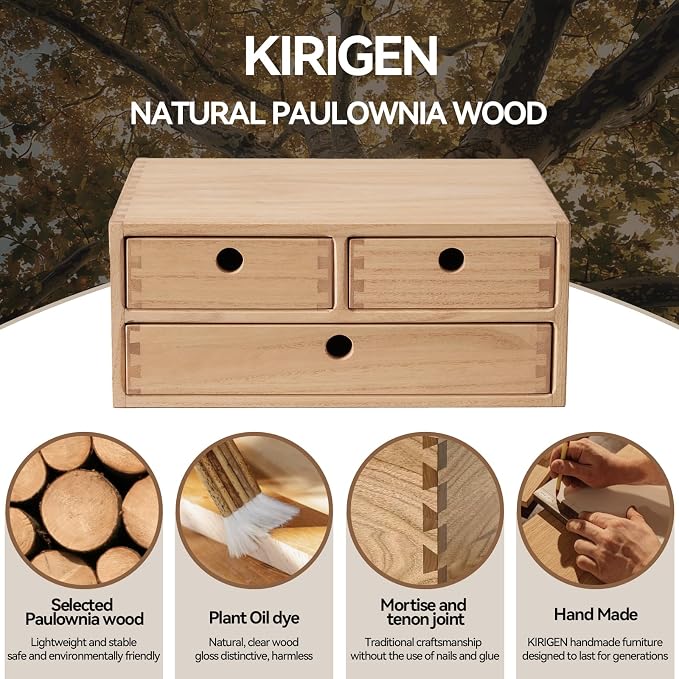 KIRIGEN Wood Desk Organizer with 3 Drawers, Desktop Storage, Natural 23-NA | Wooden Desktop Drawer Hold A4 Papers, Stationery, Jewelry, and Makeup, Fully Assembled for Home Office - Image 7