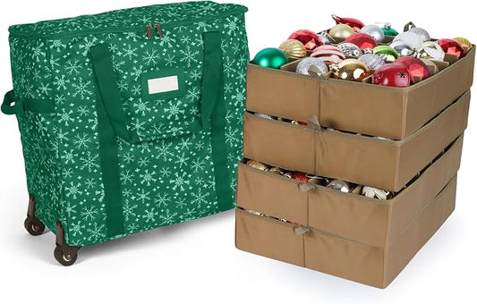 Covermates Keepsakes Rolling Adjustable Ornament Storage Bag – Heavy-Duty Polyester, FlexGrid Trays & Padded Dividers – Protective Holiday Organizer with Wheels, Handles & ID Window, Green Snowflake by Covermates