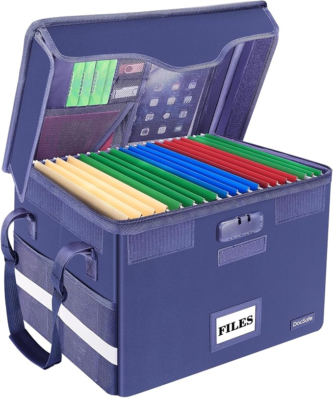 DocSafe Fireproof Document Box with Lock, File Storage Organizer with Mesh Pockets, Collapsible Portable File Box Home Office Safe Filing Cabinet with Handle for Hanging Letter/Legal Folder, Blue by DocSafe