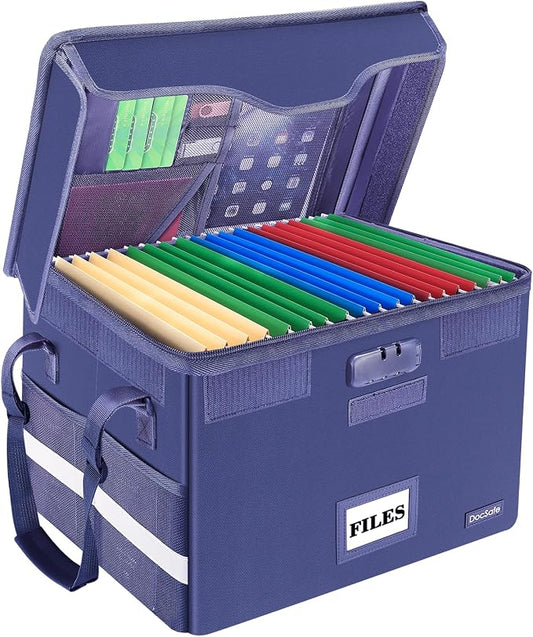 DocSafe Fireproof Document Box with Lock, File Storage Organizer with Mesh Pockets, Collapsible Portable File Box Home Office Safe Filing Cabinet with Handle for Hanging Letter/Legal Folder, Blue by DocSafe
