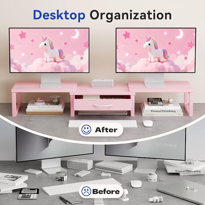 Desk Organizers and Accessories, Dual Monitor Stand Riser with Drawer, Computer Monitor Stand, Adjustable Desk Shelf for PC Laptop Printer TV, Pink - Image 3