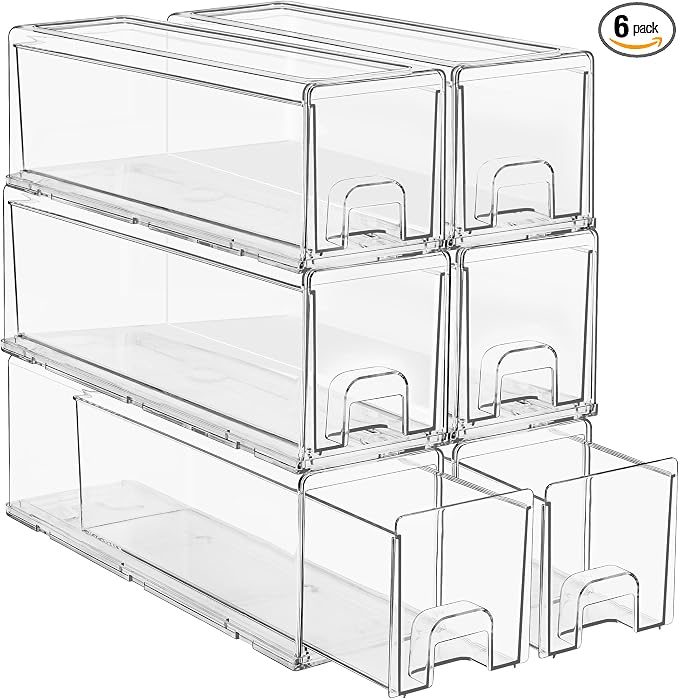 Sorbus Small Clear Stackable Storage Drawers – 6 -Pack Plastic Organizer Bins with Handles – Stackable Pull-Out Storage Drawers for Closet, Pantry, Office, Bathroom, Craft, and Toy Organization by Sorbus