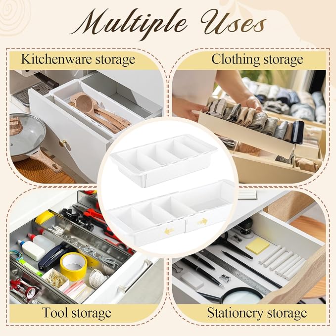 3 Pcs Expandable Drawer Organizer Bins Adjustable Deep Drawer Hanging Organizer Tray Expandable 11.4 to 18.1 Inches Plastic Dividers Storage for Office Bathroom Bedroom Kitchen Desk, White - Image 6