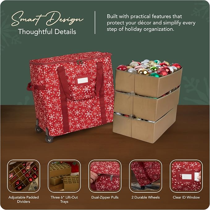 Covermates Keepsakes Rolling Adjustable Ornament Storage Bag – Heavy-Duty Polyester, FlexGrid Trays & Padded Dividers – Protective Holiday Organizer with Wheels, Handles & ID Window, Red Snowflake - Image 4