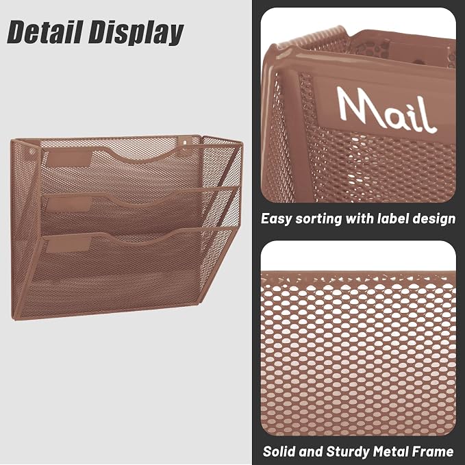 3 Pocket Mesh Hanging Wall File Organizer, Wall Mounted Mail Paper Document Folder Holder, Clipboard Storage Organization Magazine Rack with Nametag Label for Office Home School, Brown - Image 5