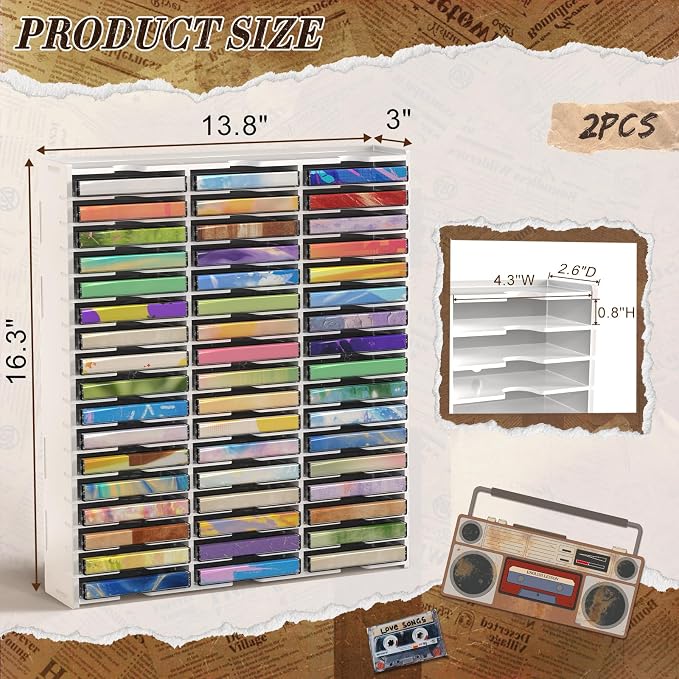 Cassette Tape Storage 51 Slot Desktop Rack 2PCS | Holds up to 102 Cassette Tapes, Wall-Mounted Design Keeps Audio Tapes Organized and Easy to Access - Image 2