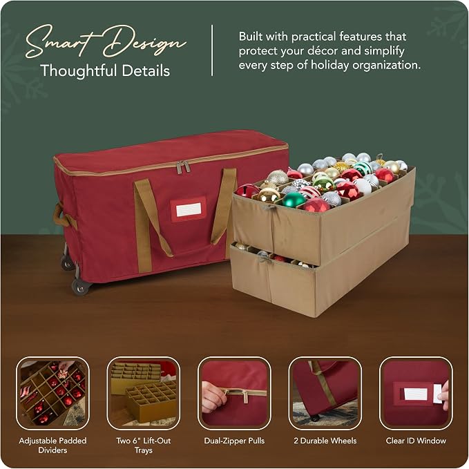 Covermates Keepsakes Rolling Adjustable Ornament Storage Bag – Heavy-Duty Polyester, FlexGrid Trays & Padded Dividers – Protective Holiday Organizer with Wheels, Handles & ID Window, Red - Image 4