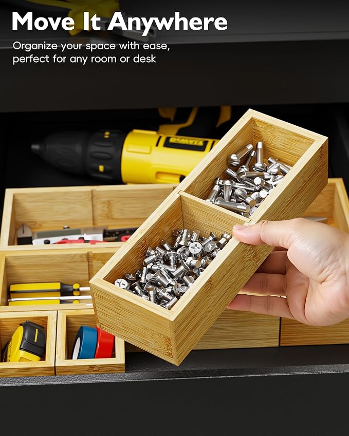 12-Piece Bamboo Drawer Organizer Set, 24 Compartments Modular Storage | Natural Bamboo, Flexible Modular Trays, Water-Resistant, Stackable Design, Adjustable, Excellent Organization, Easy to Clean - Image 6