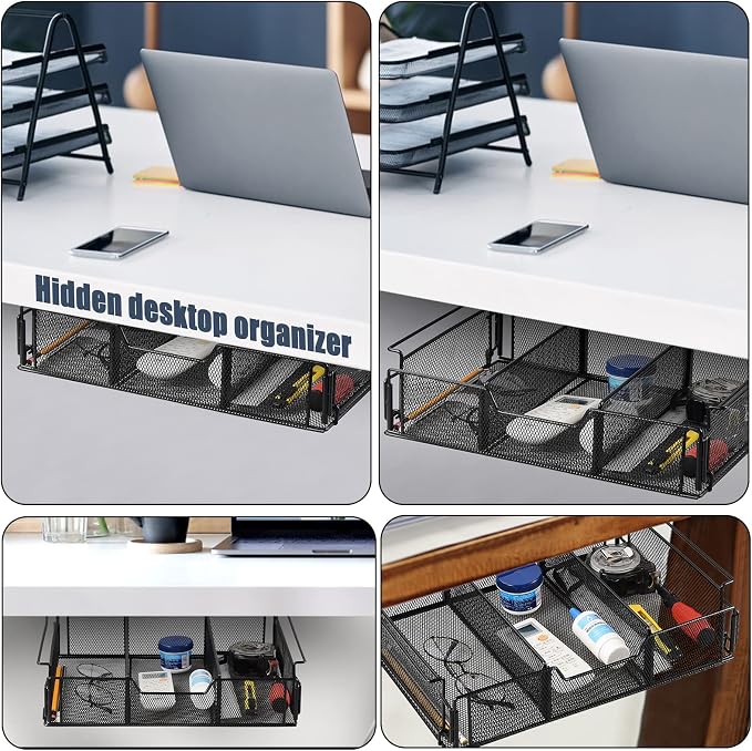 Under Desk Drawer, Hanging Storage Organizer Slide Out, Black Metal Under Desk Storage Hanging Storage Organizer, Attachable Pen Holder Desk Hidden Drawer for Office Home School Accessories(Black) - Image 7