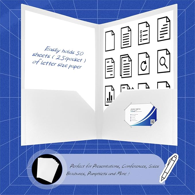 Patelai 50 Pack Plastic Folders with Pocket Bulk 2 Pocket Heavy Duty Letter Size Folders Business Card Holder for School Office File(White Color) - Image 3