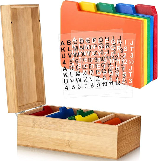 3 x 5 Inch Index Card Holder Set, Bamboo Organizer Box with 50 Dividers & 2 Sheets Alphabet Number Stickers File Note Holders, Holds 1200 Cards for Office Business Home Kitchen, Wooden Color by Henoyso