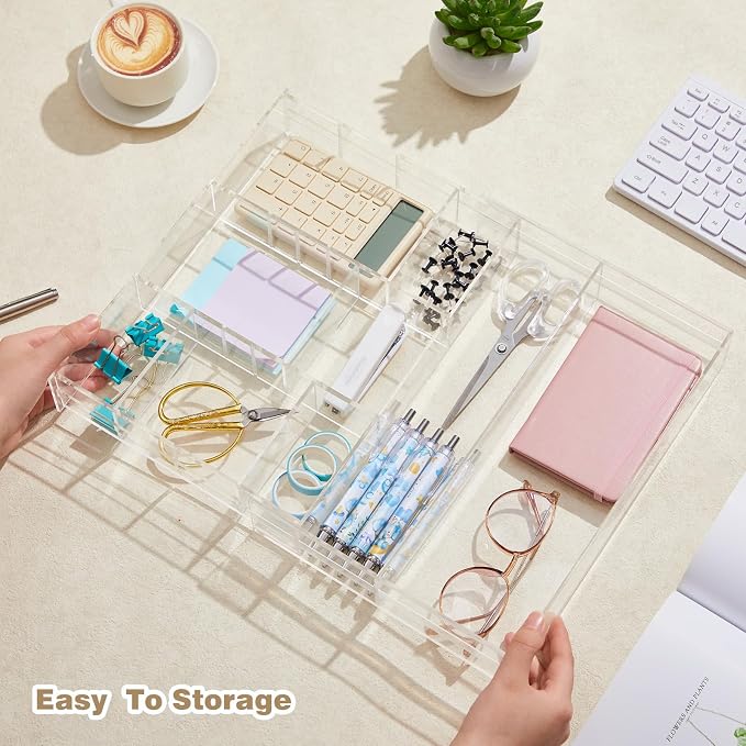 Briwooody Clear Acrylic Drawer Organizer Expandable,9 Compartments,Small | 9'' up to 18'' x 12'' x 2.1'' Desk Drawer Organizer Trays Adjustable with Desk Accessories for Makeup Office Bathroom - Image 5