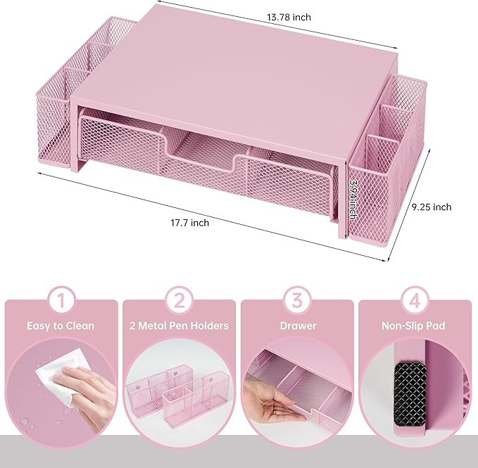 Qupui Computer Monitor Stand Riser with Drawer and Pen Holders, Desk Organizer Shelf and Accessories, Office Desk Accessories, Office Organization, Pink - Image 2