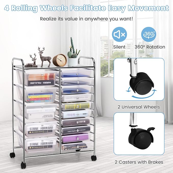 COSTWAY 15 Drawer Rolling Storage Cart, Mobile Storage Organizer | Removable Drawers & Metal Frame, Multipurpose Utility Tools Paper Organizer on Wheels for Home, Office (Transparent) - Image 6