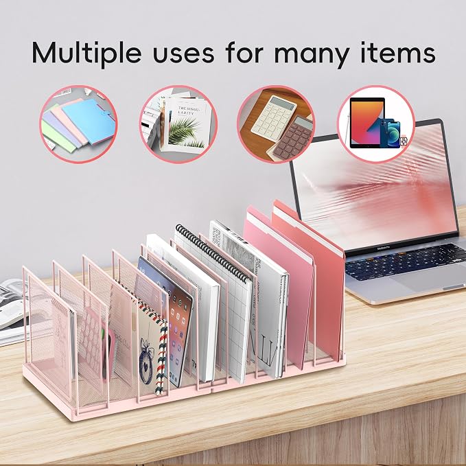 9-Section Desk File Organizer, Vertical File Holder, Mesh Desktop File Folder Metal File Organizer Stand for Office Home Classroom, Pink - Image 3