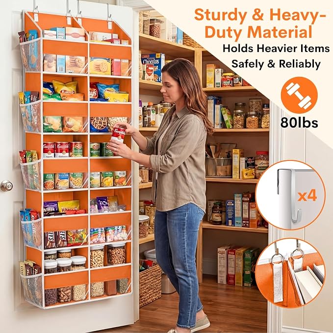 Over The Door Organizer 5 Tiers, Extra Large Behind Door Storage of 10 Compartments, 80 lbs Weight Capacity Hanging Storage Organizer with Clear Window Kids Toys,Shoes,Diapers,Room Storage,Orange - Image 3