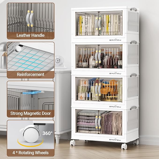BROVIEW 135Qt Stackable Storage Bins with Lid, Extra Large Closet Organizer Collapsible Drawer Boxes with Wheels, Folding Plastic Cabinet Containers for Home Kitchen Room Organization, 3Pack White - Image 3