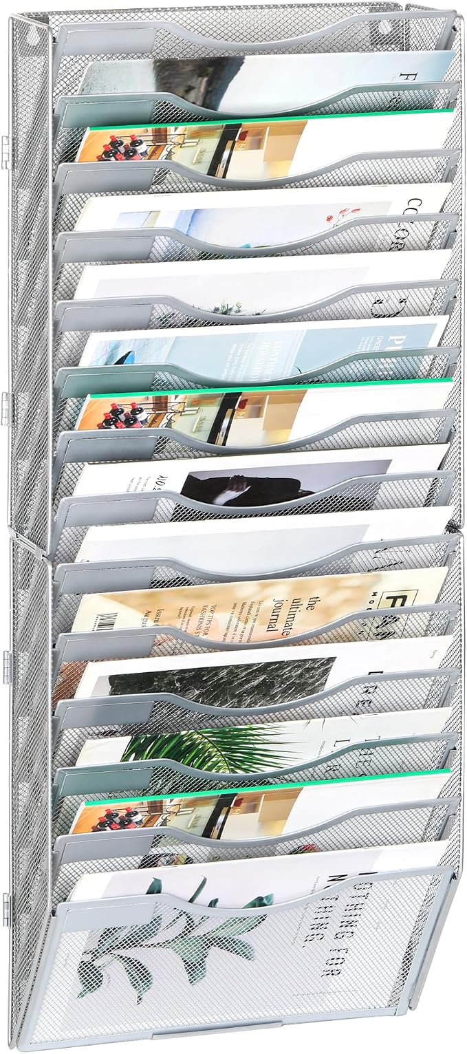 EasyPAG Wall File Organizer for Office 14 Pocket Mesh Wall Mounted Paper Organizer Hanging Folder Holder with Nametag Label for Home School, Silver by EasyPAG