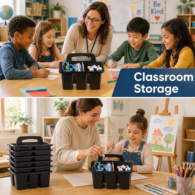 gisgfim 8 Pack Classroom Caddy Storage Basket with Handle 4 Compartment Storage Caddy Plastic Arts Crafts Caddies Protable Classroom Craft Caddies for Kids Schools Art Craft Supplies(Black) - Image 6