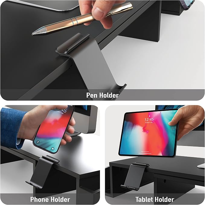Simple Houseware Desk Dual Monitor Stand Riser with Drawer, Black | Customizable Organizer Tray, Built-In Phone & Tablet Slot and Side Storage - Image 4