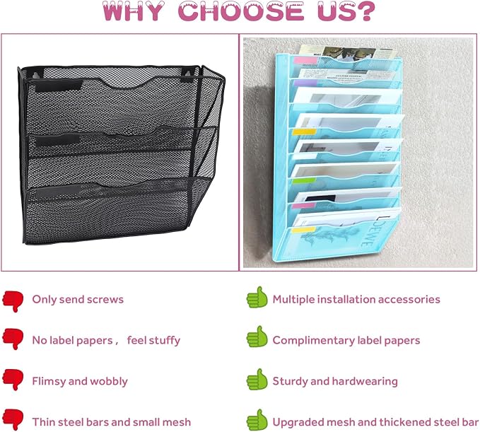 8 Pockets Mesh Wall File Holder Organizer Office Hanging File Folder Magazine Rack, Nametag Label Hooks Set Included (Blue) - Image 5