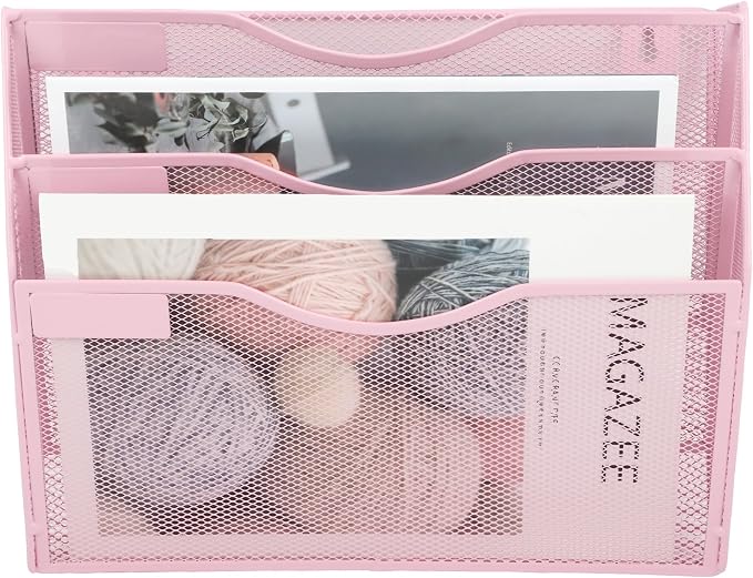3 Pocket Mesh Hanging Wall File Organizer, Wall Mounted Mail Paper Document Folder Holder, Clipboard Storage Organization Magazine Rack with Nametag Label for Office Home School, Pink - Image 3