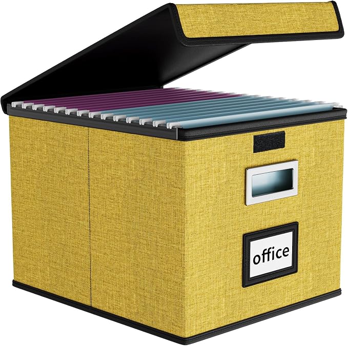 File Organizer Box with Lids, Collapsible File Folder Organizer | File Box with Plastic Slides for Office Document Storage, Filing Bin for Letter Size Hanging File Folders (1 Pack, Yellow) by Huolewa
