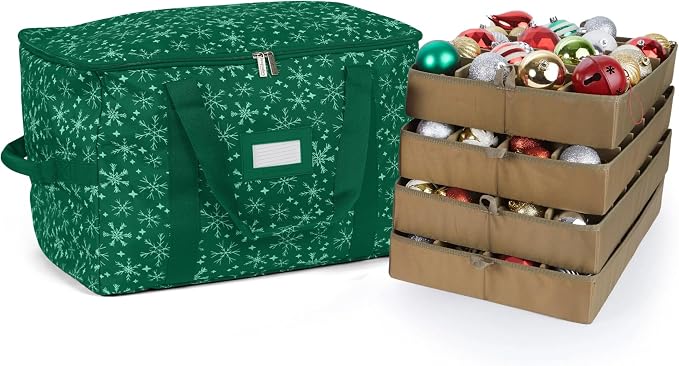 Covermates Keepsakes Adjustable Ornament Storage Bag – Heavy-Duty Polyester, Padded Dividers & FlexGrid Trays – Protective Holiday Ornament Organizer with Handles & Label Window, Green Snowflake by Covermates
