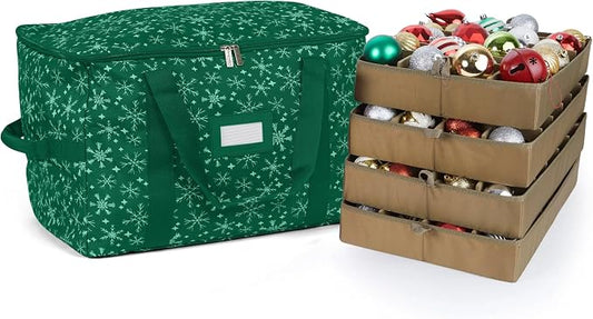 Covermates Keepsakes Adjustable Ornament Storage Bag – Heavy-Duty Polyester, Padded Dividers & FlexGrid Trays – Protective Holiday Ornament Organizer with Handles & Label Window, Green Snowflake by Covermates