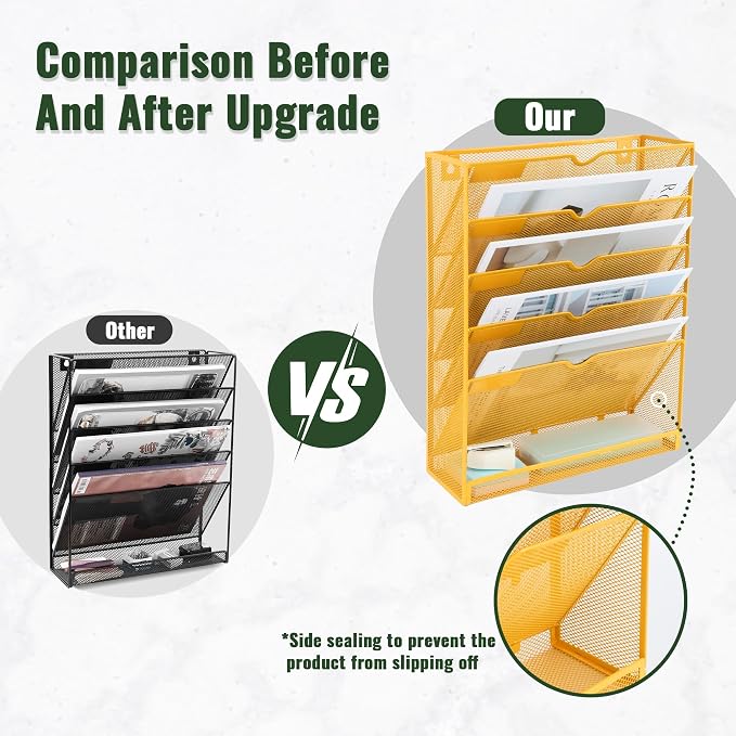 6 Tier Mesh Hanging Wall File Organizer, Desk Vertical Mail Paper Document Folder Holder Rack with Bottom Tray and Nametag Label for Office Home School, Yellow - Image 3