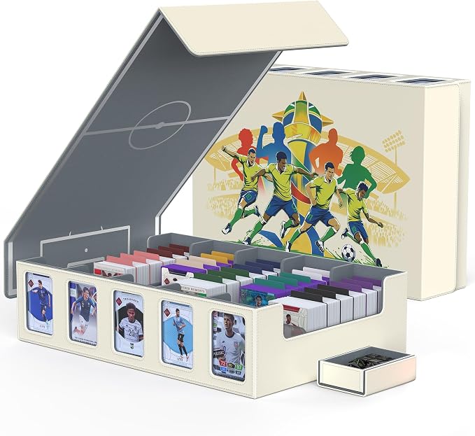 Kabinka Soccer Card Storage Box with Window Display, 5-Row Sport Card Storage Box, 3900+ Card Deck Box for Soccer Sports Card TCG, 5 Top Loaders, 5 Stoppers, 48 Dividers, 1 Dice Tray (Soccer 2) by Kabinka
