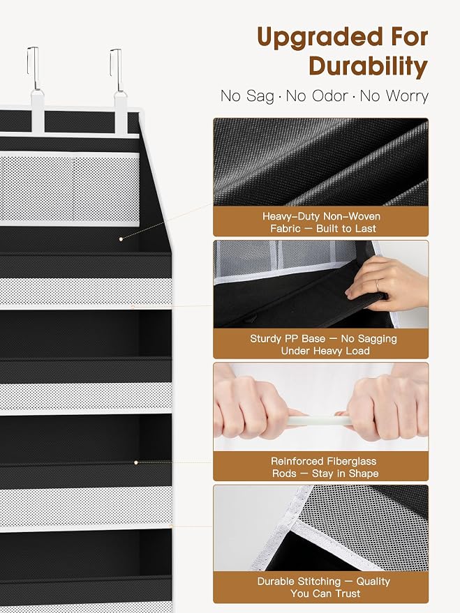 Over the Door Organizer, Heavy-Duty 6-Shelf Hanging Storage with 13 Mesh Pockets, 55lbs Capacity Behind the Door Storage for Nursery, Bathroom, Bedroom, and Dorm, Black - Image 3