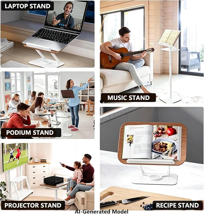 2-in-1 Adjustable Floor & Desktop Music Book Stand, White | Detachable Reading Holder, Height 36"-62", 360° Rotating, For Music, Laptop, Cookbook - Image 7