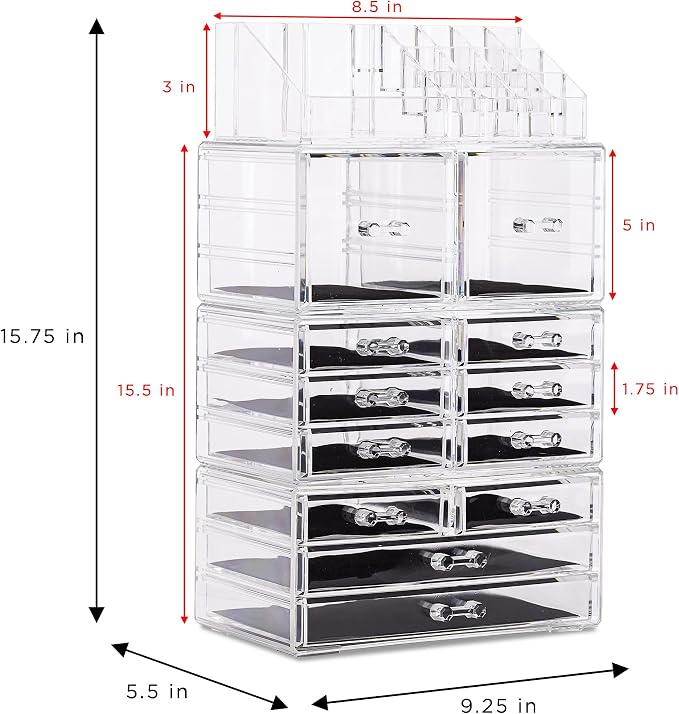 Sorbus Large Makeup Organizer - Clear Stackable Jewelry Makeup Organizer for Vanity, Bathroom Storage Display Case - 12 Drawers Cosmetic Beauty Organizers and Storage with Lipstick Makeup Brush Holder - Image 3