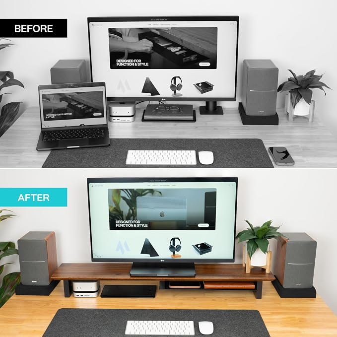COREMINDED Solid Wood Dual Monitor Stand Riser, 42 Inch Walnut Desk Shelf | Fits 2 Monitors, Sturdy & Stable Solid Wood, Under Monitor Keyboard Storage, Office Desktop Organizer, Easy Assembly, Walnut - Image 5