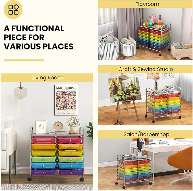 Giantex 12 Drawers Rolling Cart, Mobile Storage Drawer Cart, Classroom Organizer Cart for Office School Supplies Tools Scrapbook Paper Craft Small Printer, Utility Cart on Wheels, Rainbow - Image 5