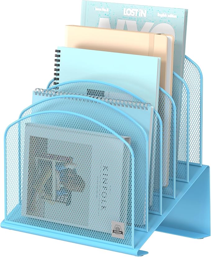 Delifox Inclined Desk File Organizer,Vertical File Folder Holder Stand Metal Rack File Sorter for Office Classroom Desktop Organization (1, Blue, 5) by Delifox