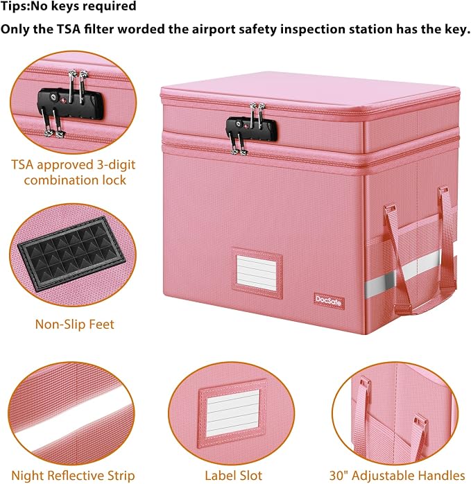 DocSafe File Box with Lock,Multi-Layer Fireproof Document Box Collapsible File Storage Organizer with Pockets/Handle,Large Portable Home Office Filing Safe for Hanging Letter/Legal Size Folders,Pink - Image 5