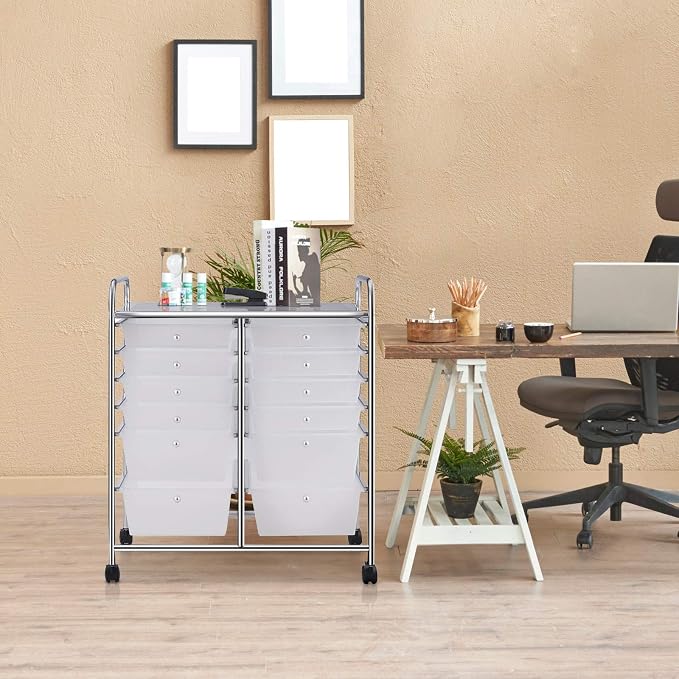 GOFLAME 12-Drawer Rolling Storage Cart, Multipurpose Organizer Cart with 2 Sizes Plastic Drawers, Mobile Utility Cart with Lockable Casters for School, Home Office, Beauty Salon, Clear - Image 2