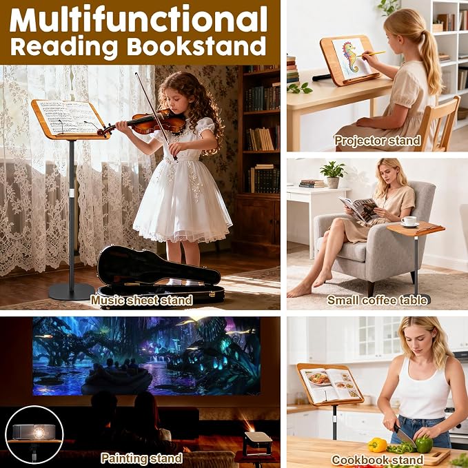 2 in 1 Dual-use Music Stand & Desktop Book Stand, Adjustable Height 16.5"-51", 100% Solid Wood Laptop Floor Stand Book Holder with Elastic Page Clips for Cookbooks (Brown) - Image 5