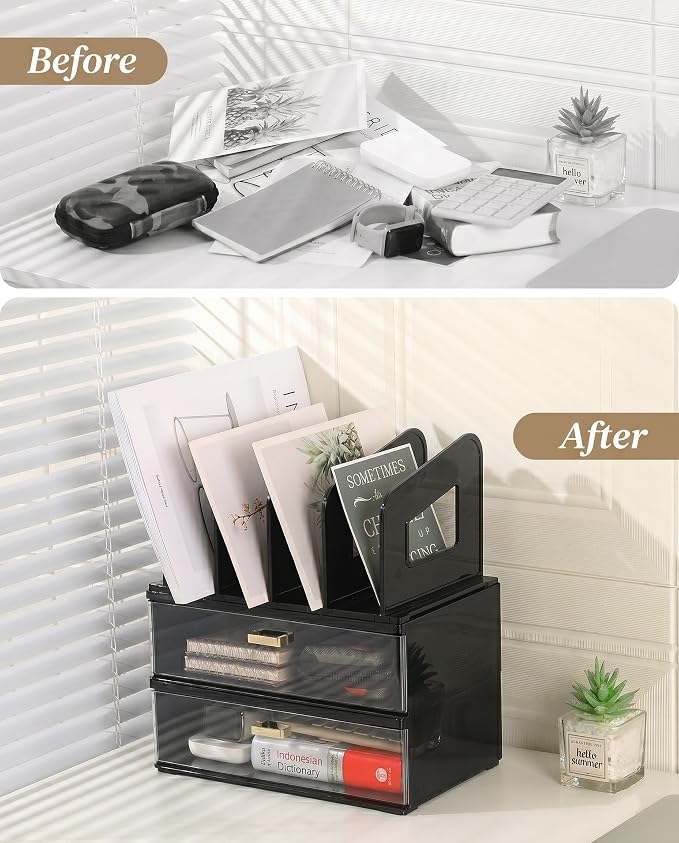 LALOBLUE Acrylic Desk Organizer with Drawer and Vertical File Holder, Desk Organizers and Accessories, Multi-Functional Office Supplies Organizer for Home or Work Desk, Black - Image 6