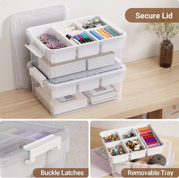 80Qt Stackable Storage Bins with Lids Trays Craft Box Organizers, 4Pack,WH | Clear Plastic Latching Boxes Organizers with Dividers Portable Containers for Arts & Crafts, Home Office Classroom Car Trunk - Image 3