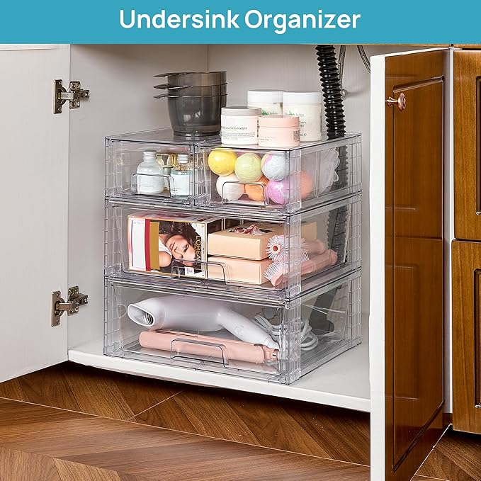 Vtopmart Clear Stackable Storage Drawers Set of 6, Easily Assemble Acrylic Bathroom Undersink Organizers,Plastic Storage Bins for Closet,Cabinet,Pantry,Medicine Organization - Image 2