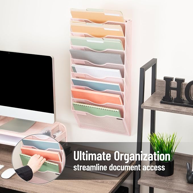 Mind Reader Wall File Organizer, 8 Pocket Hanging Document Rack, Office Wall Mount, Metal Mesh, Pink - Image 6