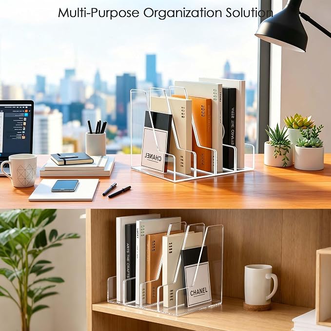 SANRUI 4 Pack Clear Acrylic Vertical File Organizer, Desk Organizer and Storage Bins Holding for Magazines, Binders, Notebooks, Envelopes, Multi-purpose Document Organizer for Home Office - Image 5